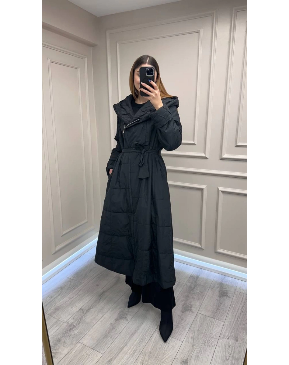 Misswhence 38513 Siyah İçi Pamuk Kumaş Kaban