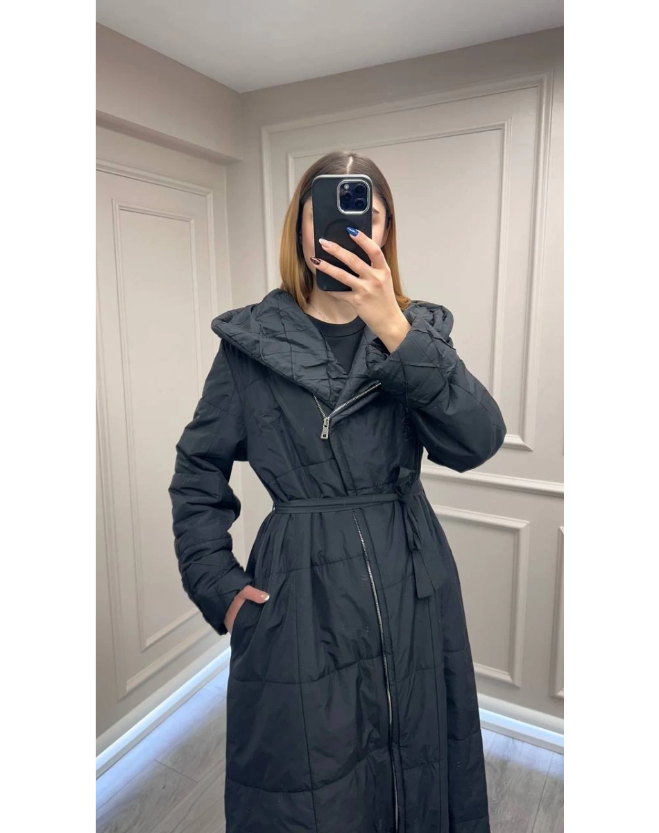 Misswhence 38513 Siyah İçi Pamuk Kumaş Kaban