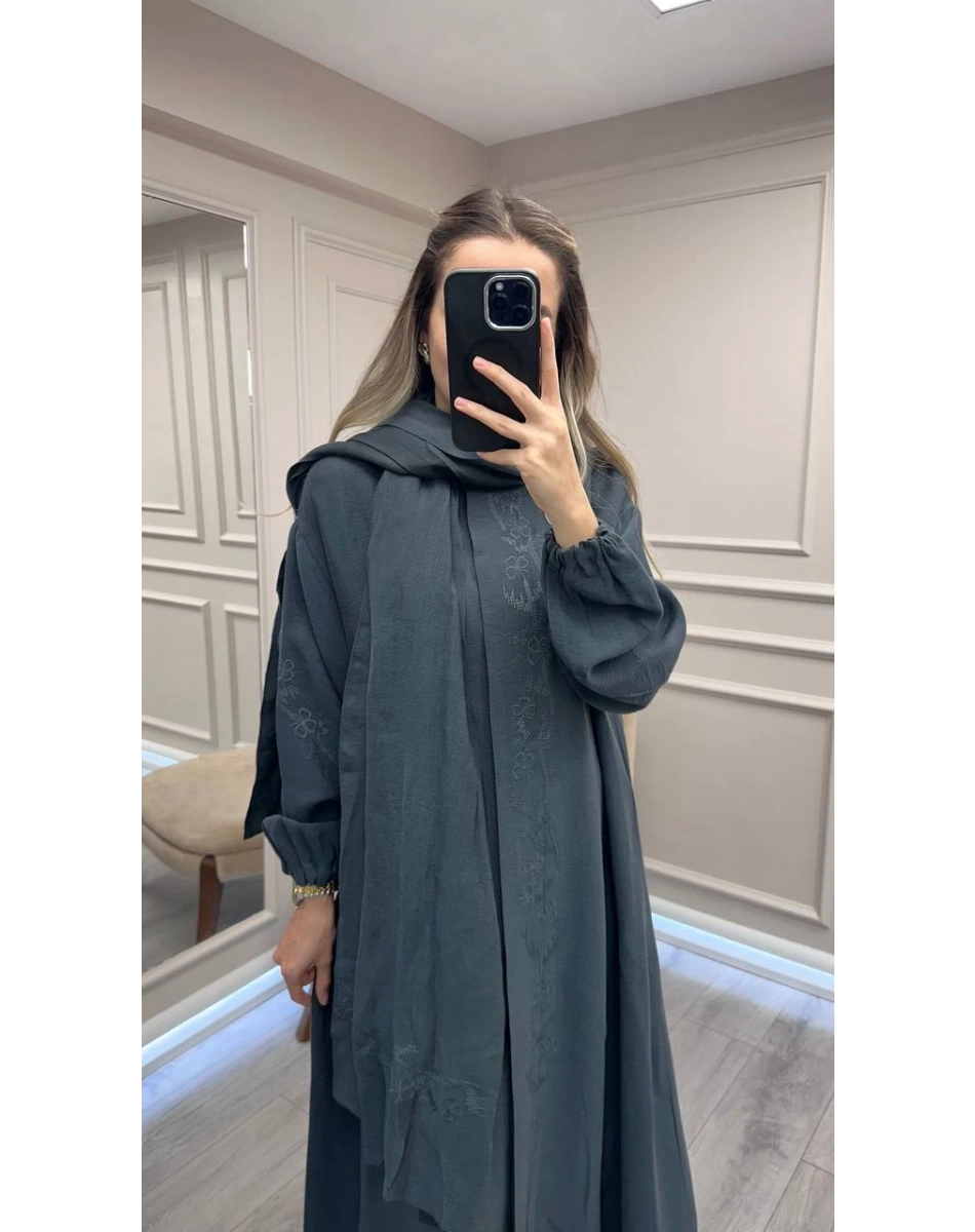 Misswhence 38514 Petrol Yeşili Nakış Detaylı Şallı Ferace