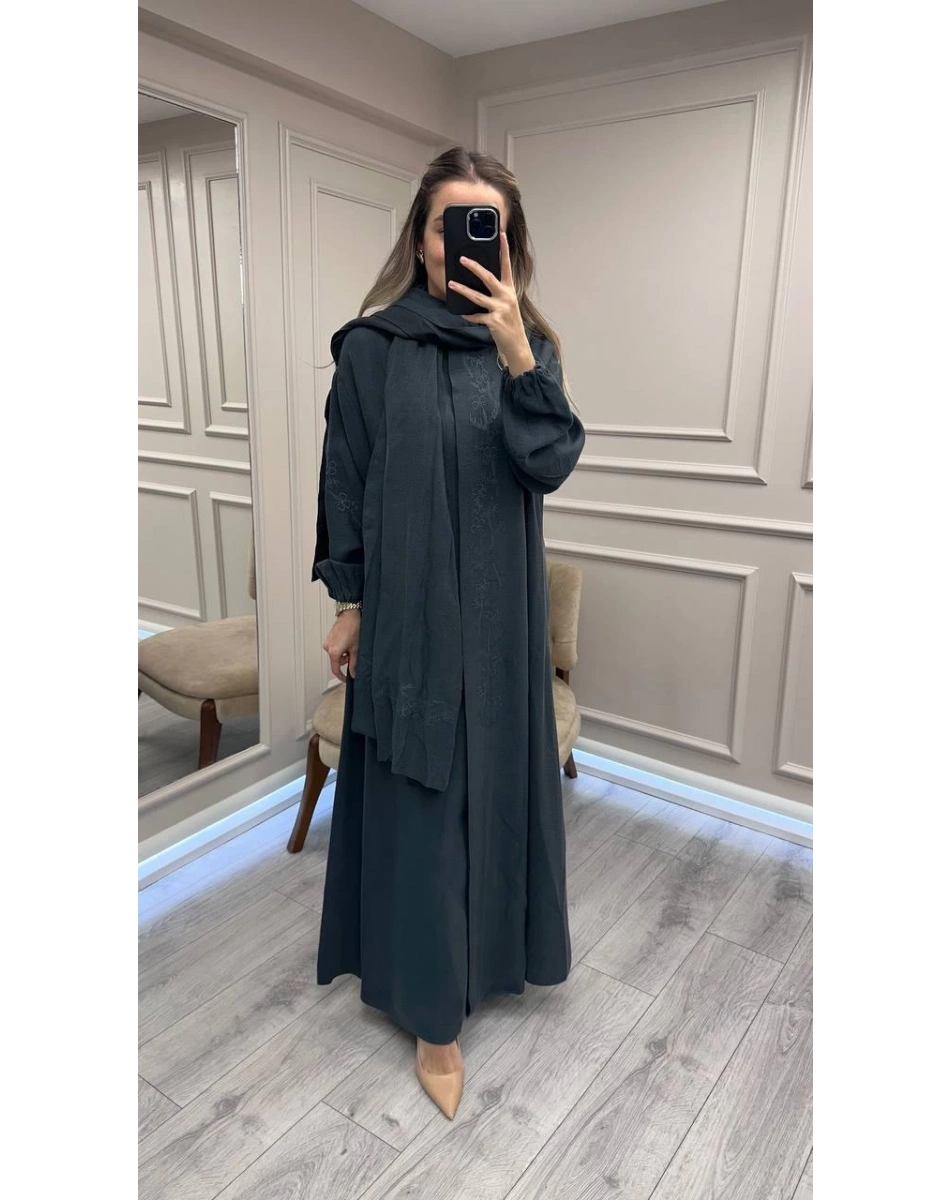 Misswhence 38514 Petrol Yeşili Nakış Detaylı Şallı Ferace