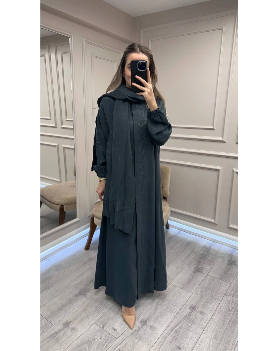 Misswhence 38514 Petrol Yeşili Nakış Detaylı Şallı Ferace