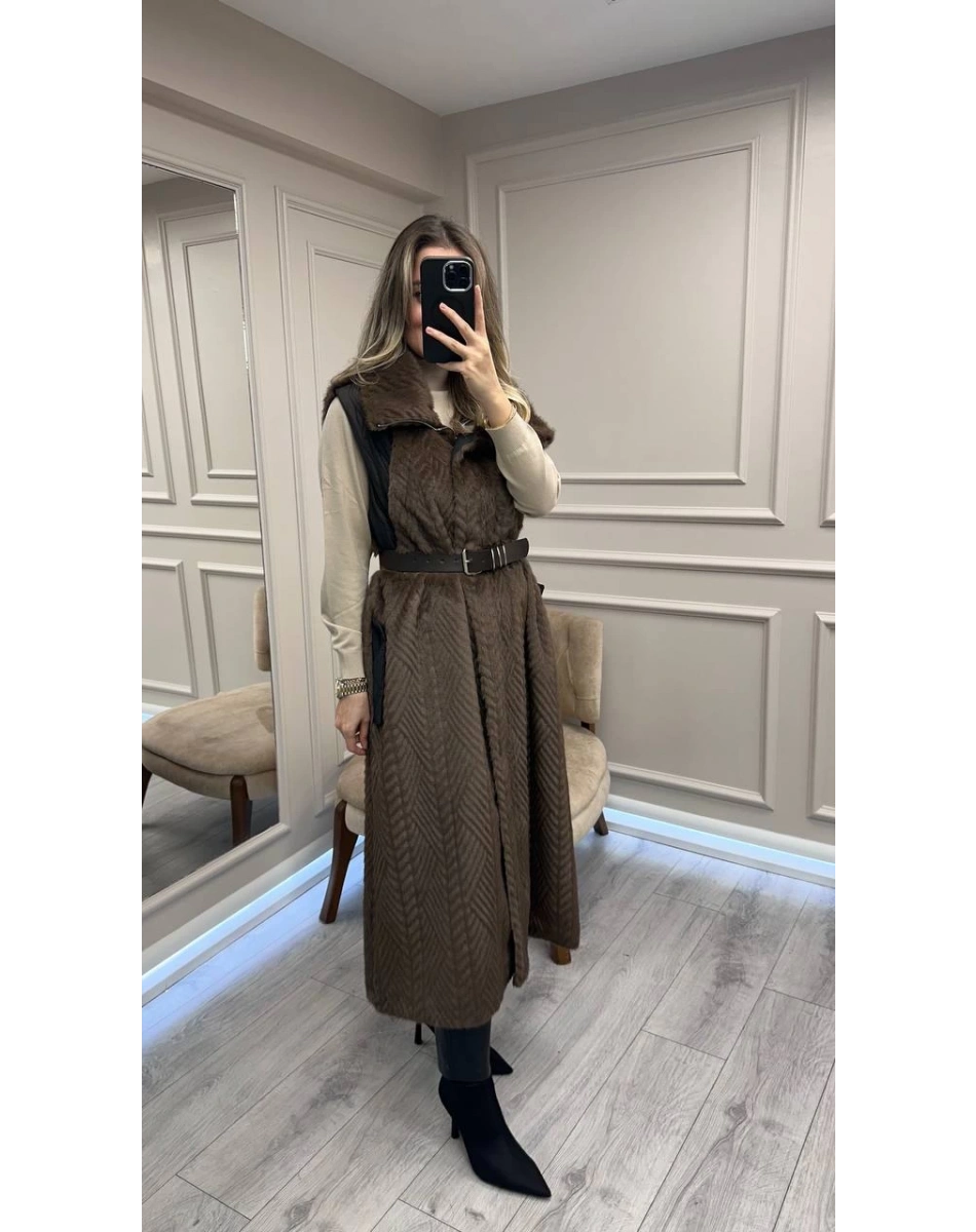 Misswhence 38700 Kahverengi Kemerli Yelek