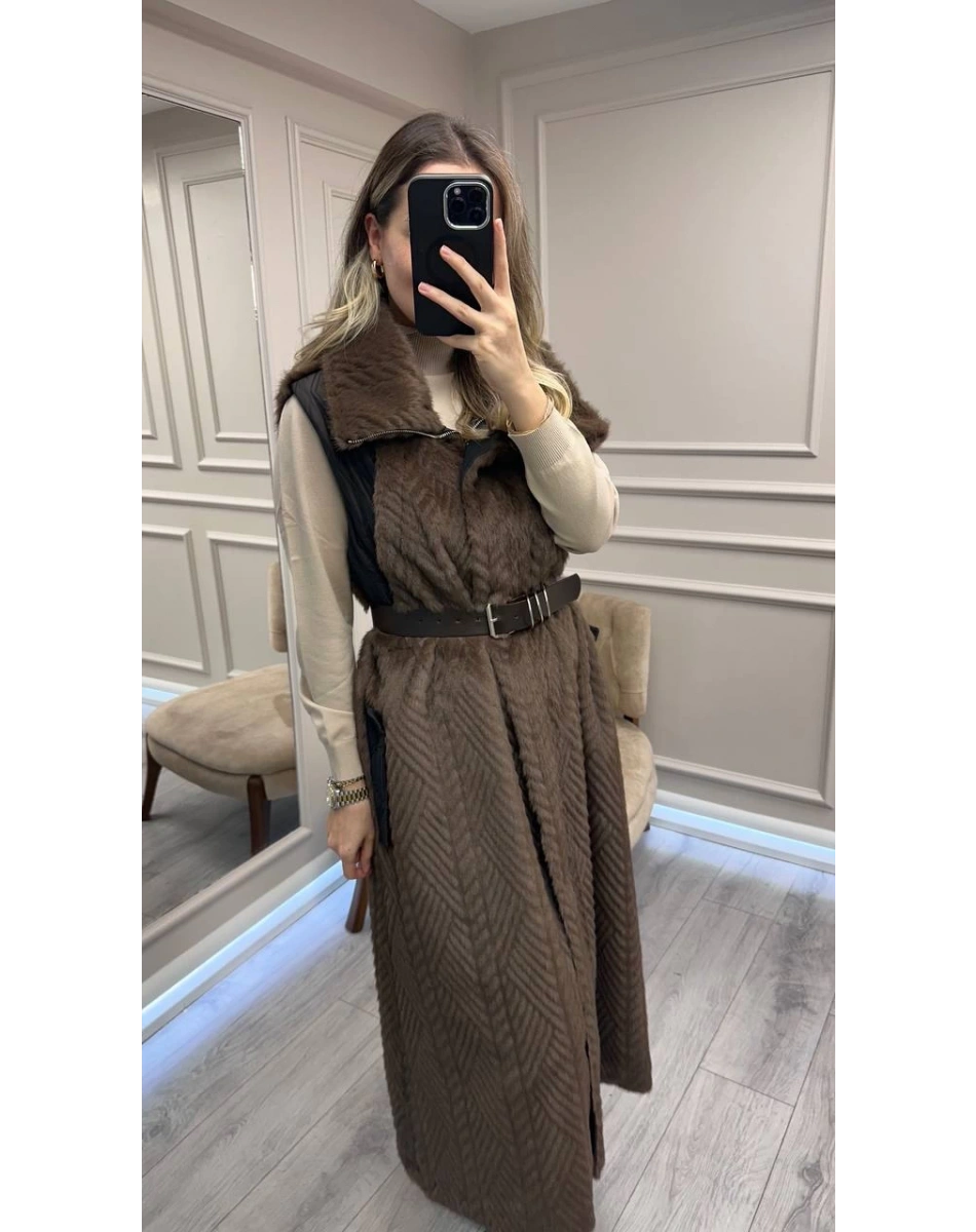 Misswhence 38700 Kahverengi Kemerli Yelek