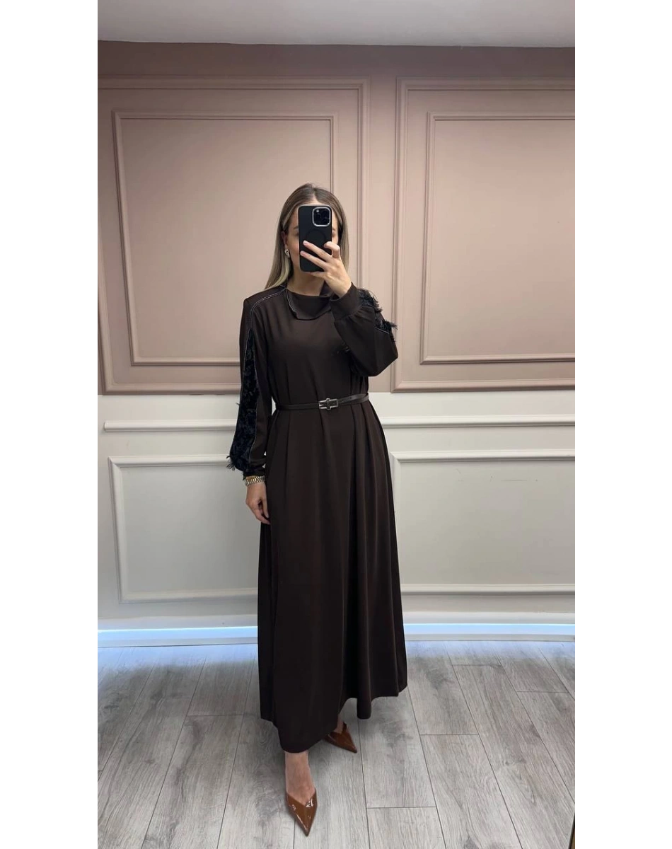 Misswhence 38800 Kahverengi Kadife Detaylı Elbise