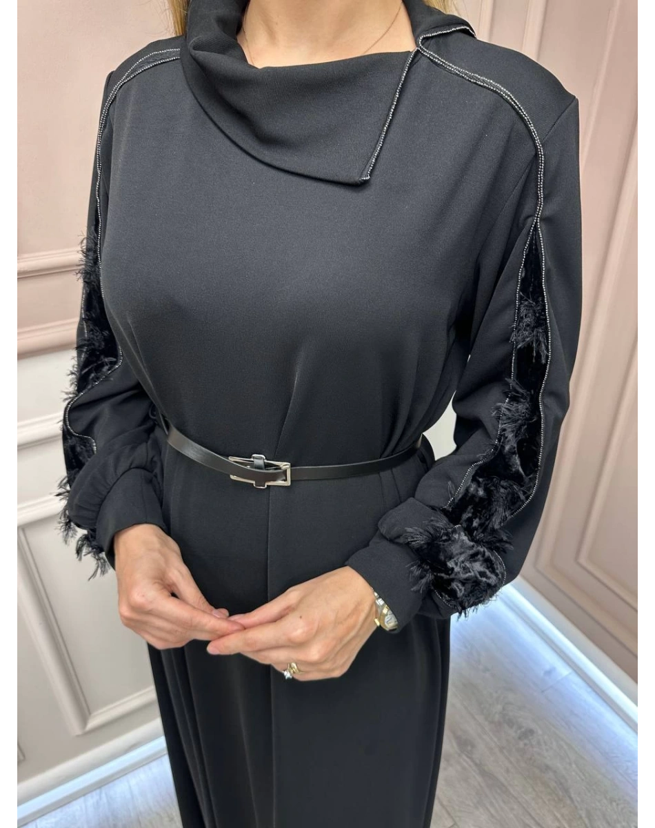 Misswhence 38800 Siyah Kadife Detaylı Elbise