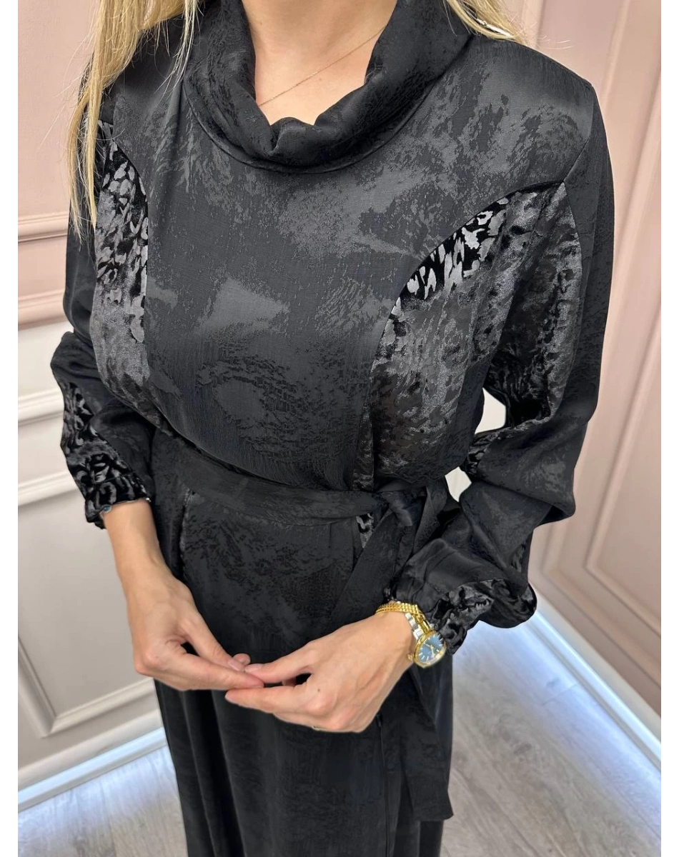 Misswhence 38801 Siyah Jakarlı Cupro Elbise