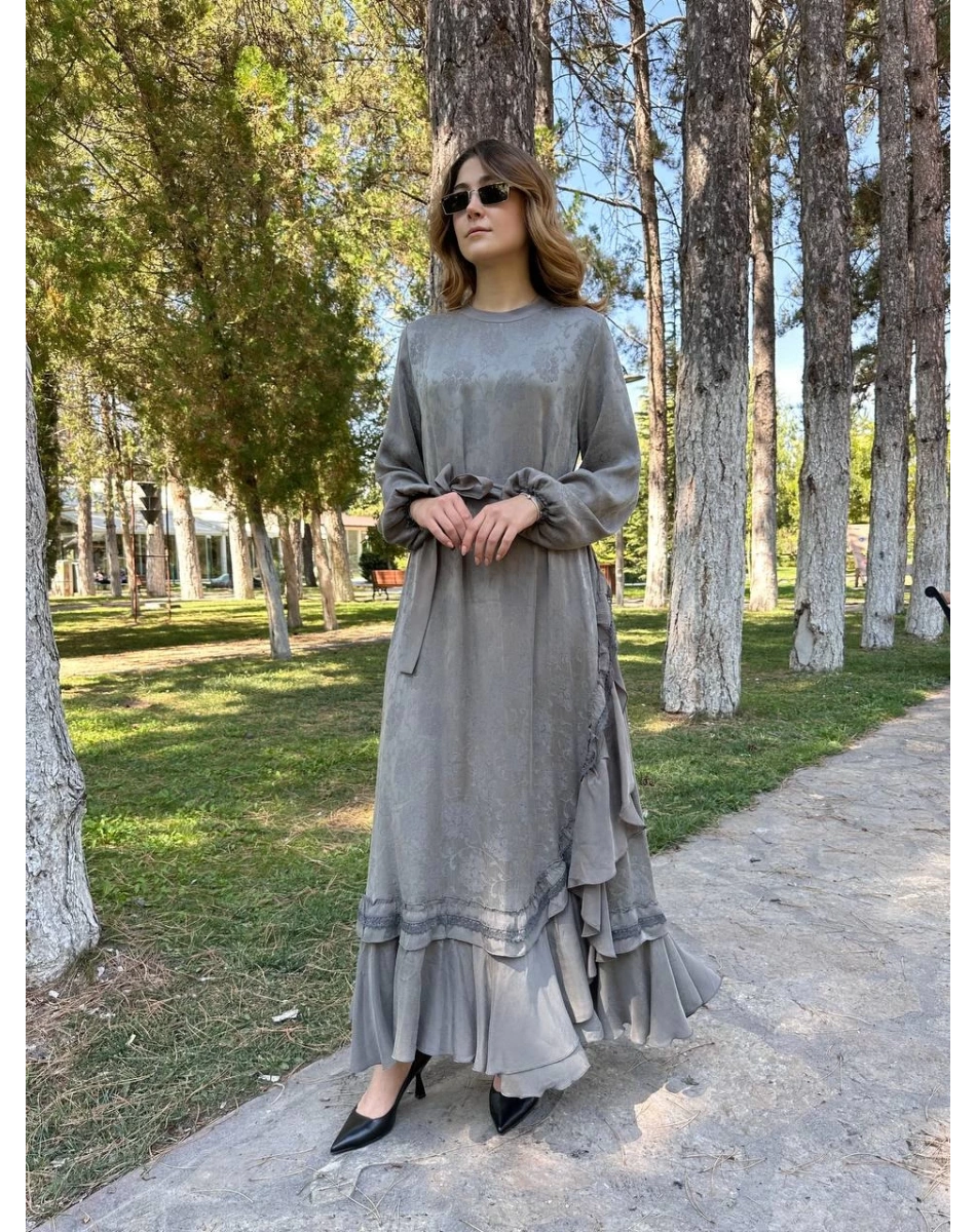 Misswhence 38806 Gri Cupro Dantel Detaylı Elbise