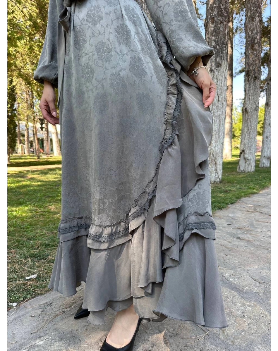 Misswhence 38806 Gri Cupro Dantel Detaylı Elbise