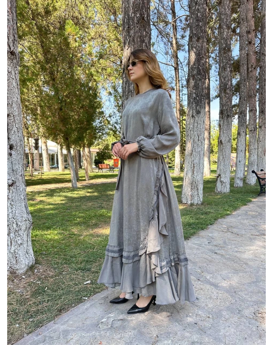 Misswhence 38806 Gri Cupro Dantel Detaylı Elbise