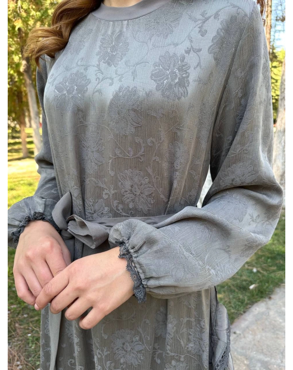 Misswhence 38806 Gri Cupro Dantel Detaylı Elbise