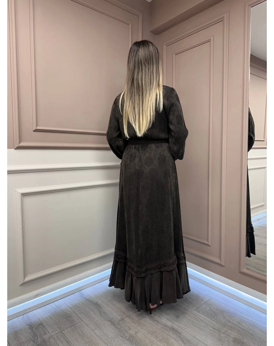 Misswhence 38806 Kahverengi Cupro Dantel Detaylı Elbise