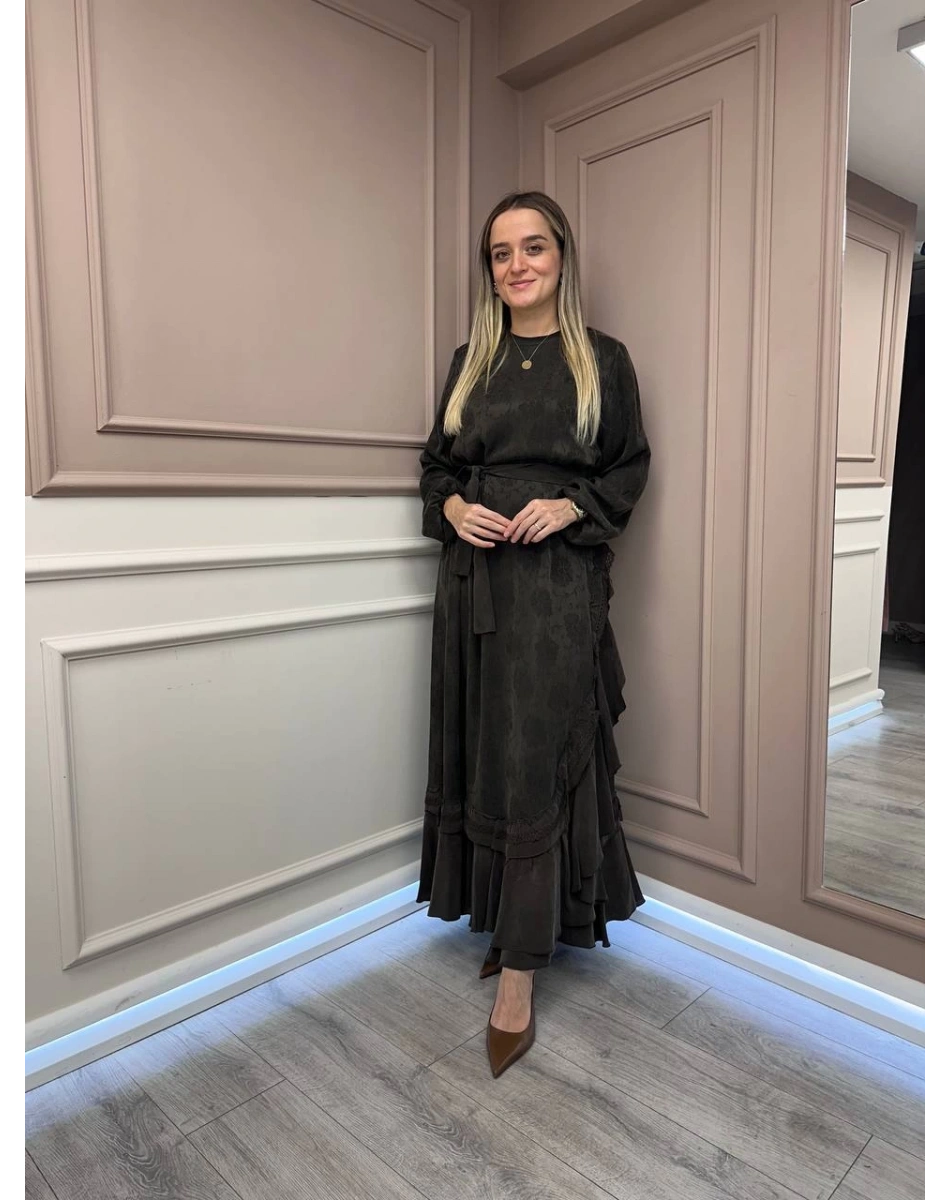 Misswhence 38806 Kahverengi Cupro Dantel Detaylı Elbise