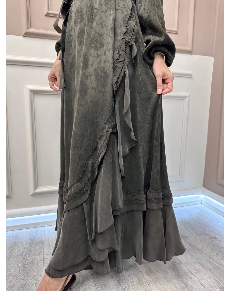 Misswhence 38806 Kahverengi Cupro Dantel Detaylı Elbise