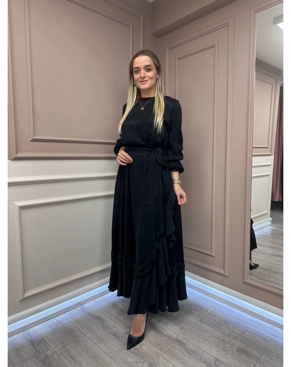 Misswhence 38806 Siyah Cupro Dantel Detaylı Elbise