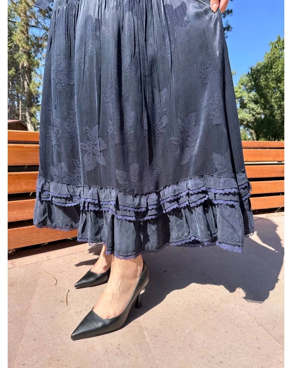 Misswhence 38809 Lacivert Jakarlı Cupro Elbise