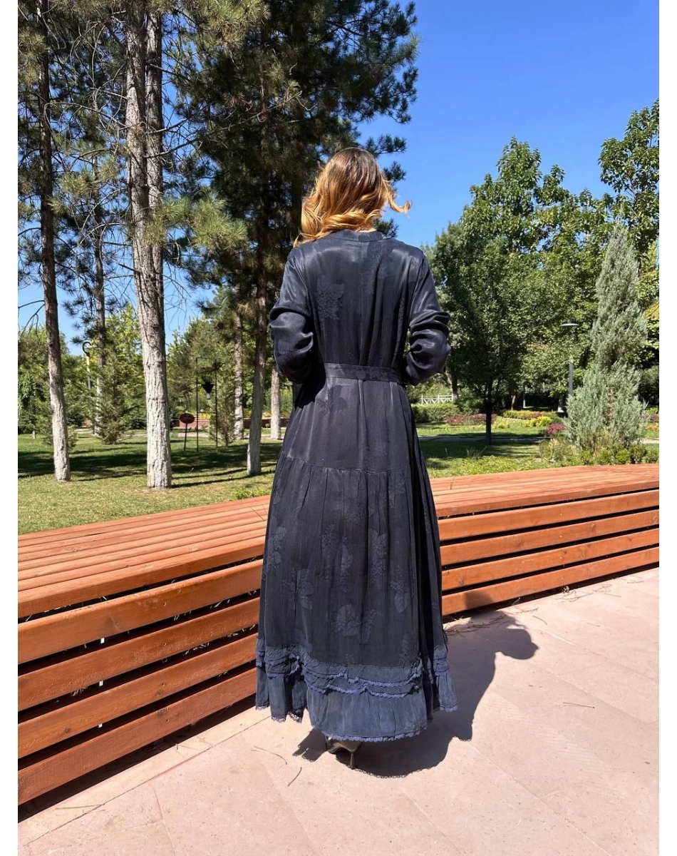 Misswhence 38809 Lacivert Jakarlı Cupro Elbise