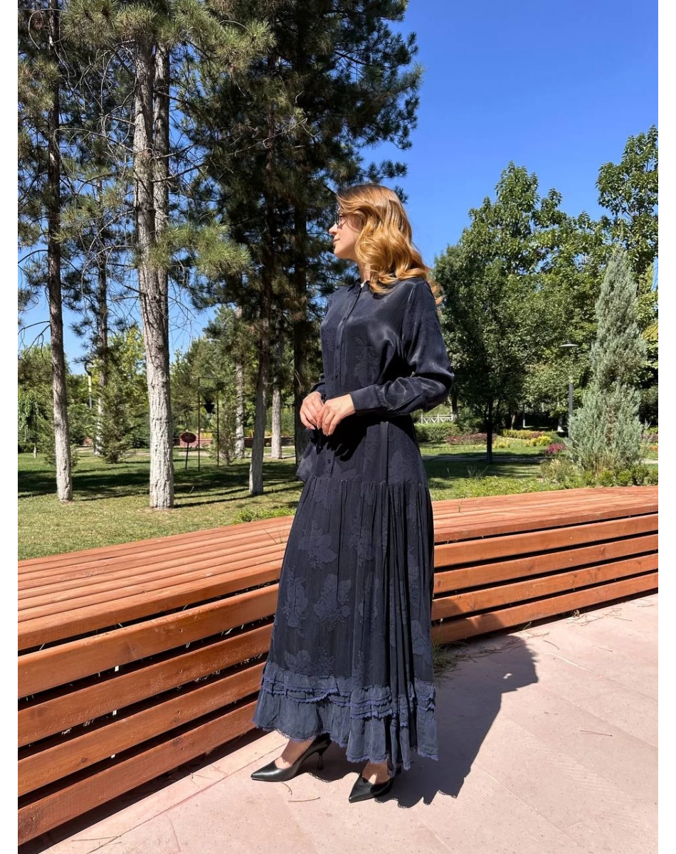 Misswhence 38809 Lacivert Jakarlı Cupro Elbise