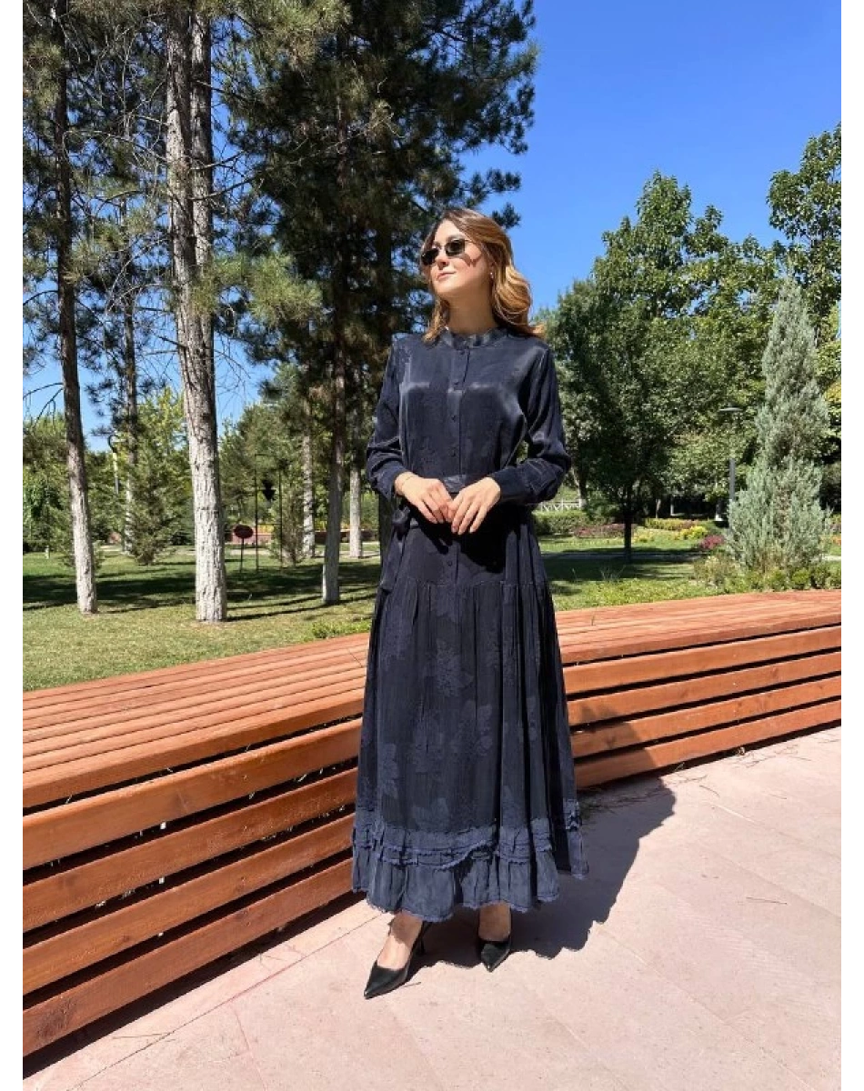 Misswhence 38809 Lacivert Jakarlı Cupro Elbise