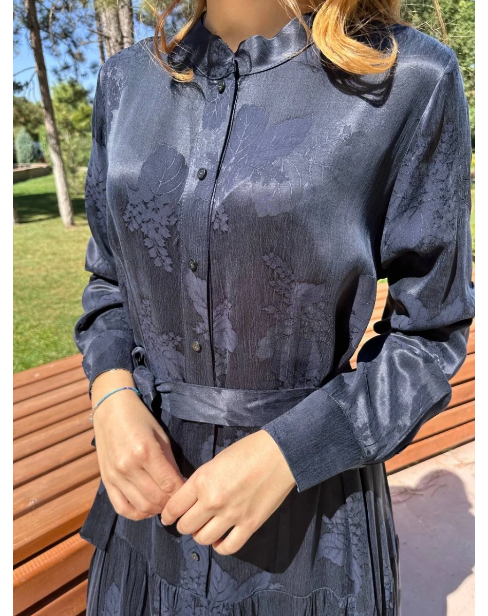 Misswhence 38809 Lacivert Jakarlı Cupro Elbise