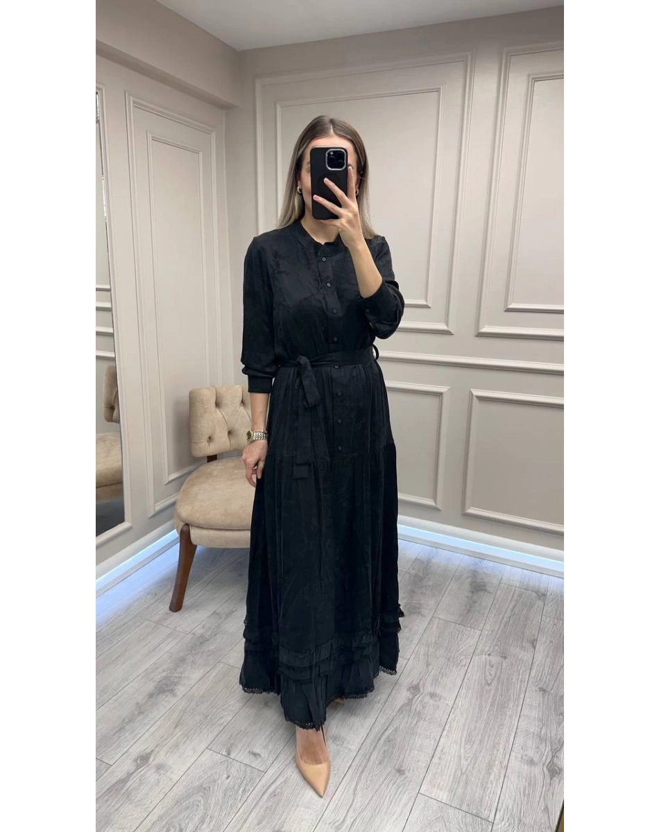 Misswhence 38809 Siyah Jakarlı Cupro Elbise