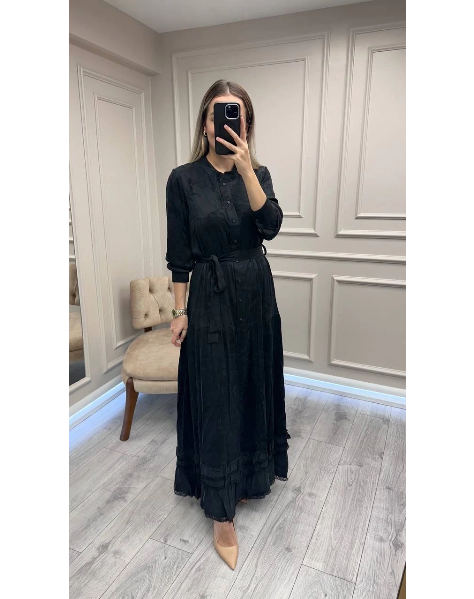 Misswhence 38809 Siyah Jakarlı Cupro Elbise