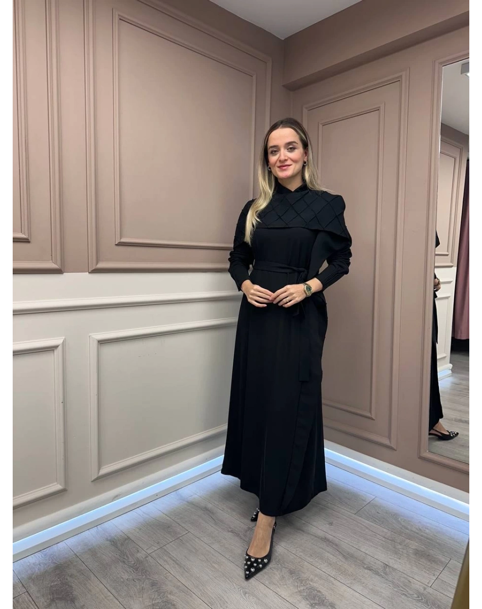 Misswhence 38816 Siyah Bakla Desen Elbise