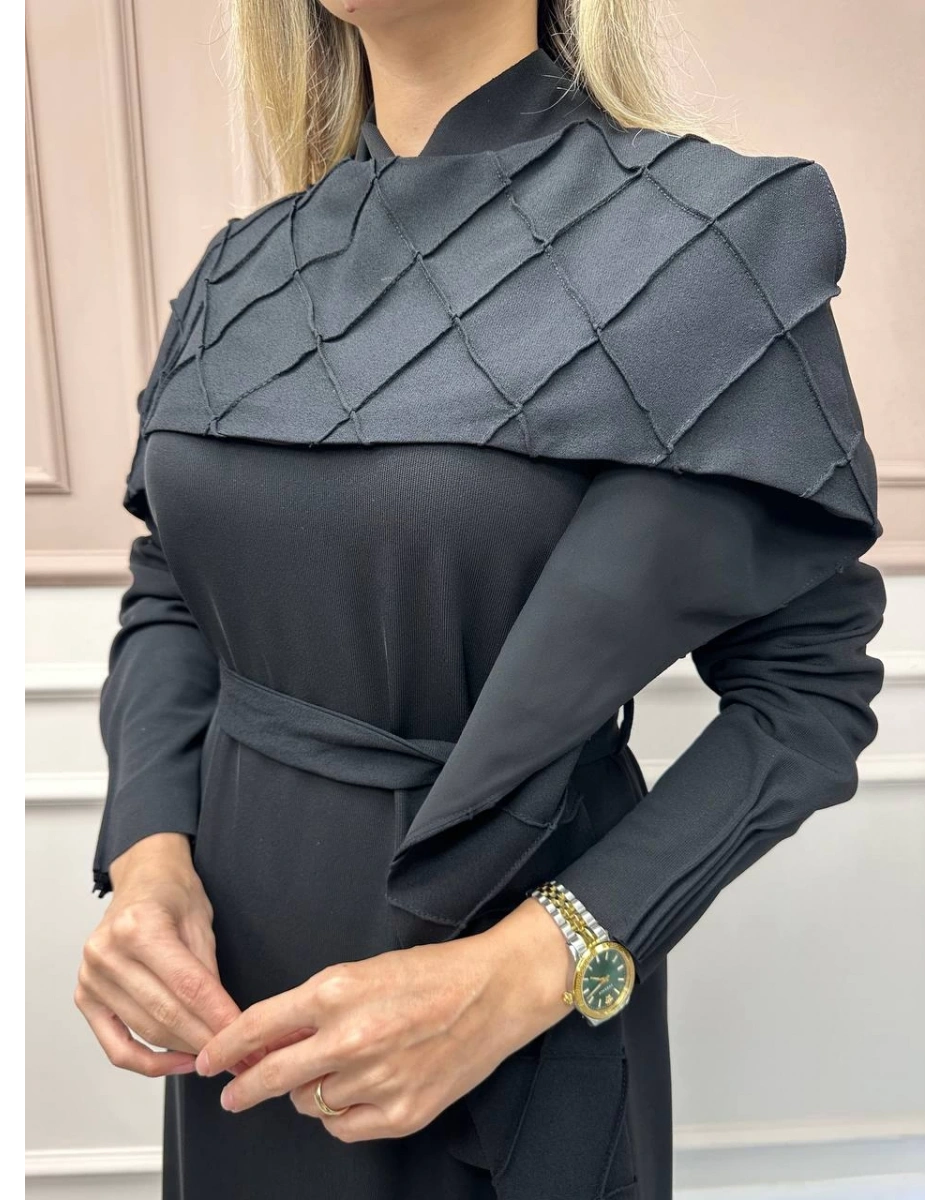 Misswhence 38816 Siyah Bakla Desen Elbise