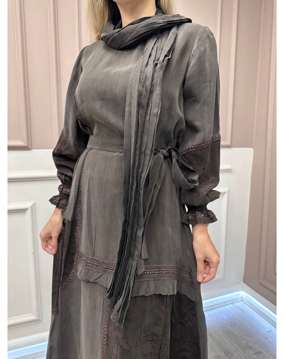 Misswhence 38818 Kahverengi Cupro Elbise