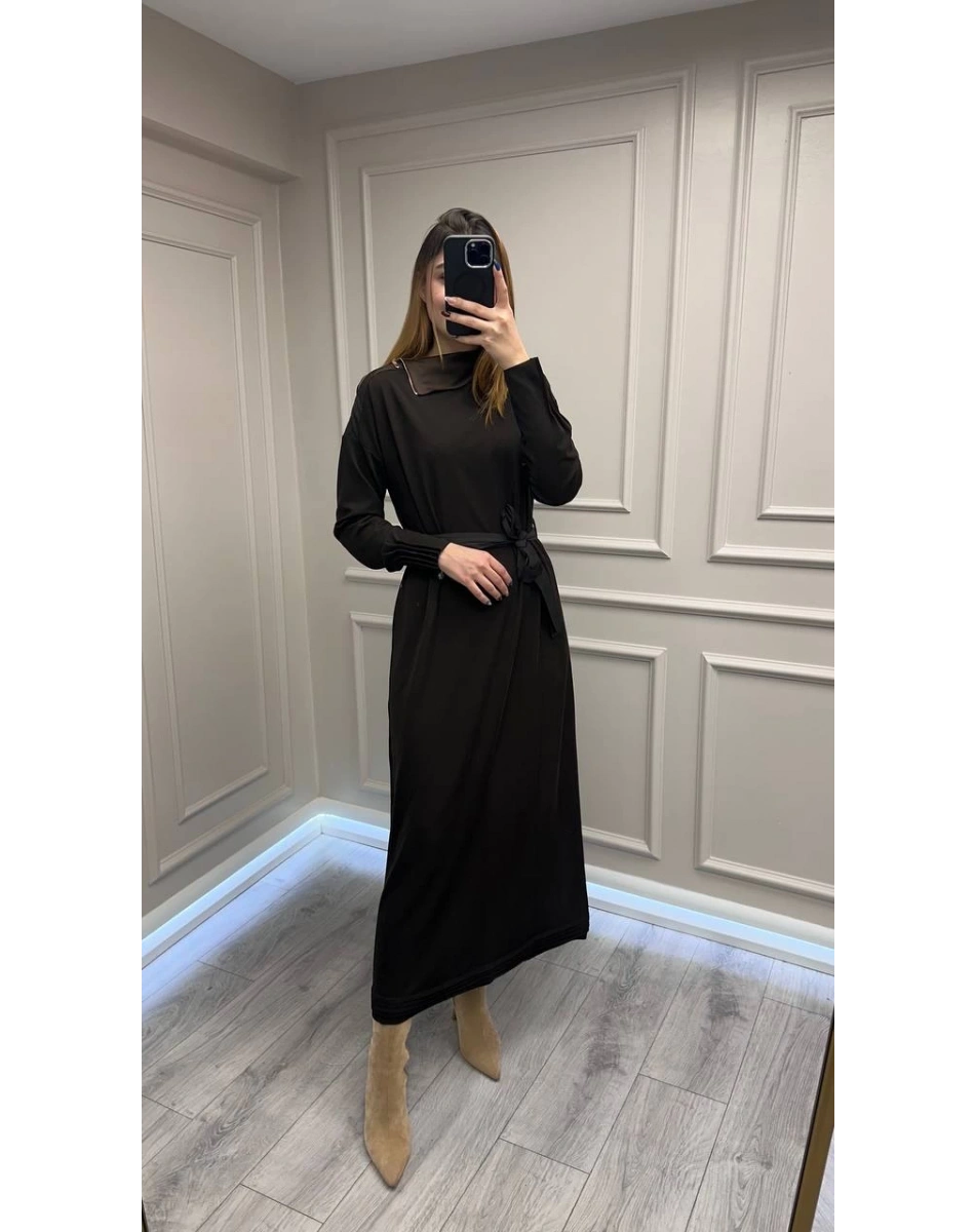Misswhence 38822 Kahverengi Fermuar Detaylı Elbise
