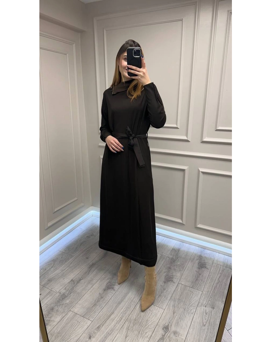 Misswhence 38822 Kahverengi Fermuar Detaylı Elbise