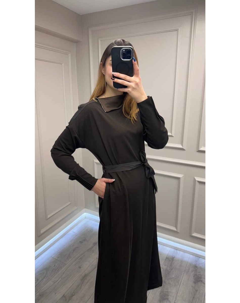 Misswhence 38822 Kahverengi Fermuar Detaylı Elbise