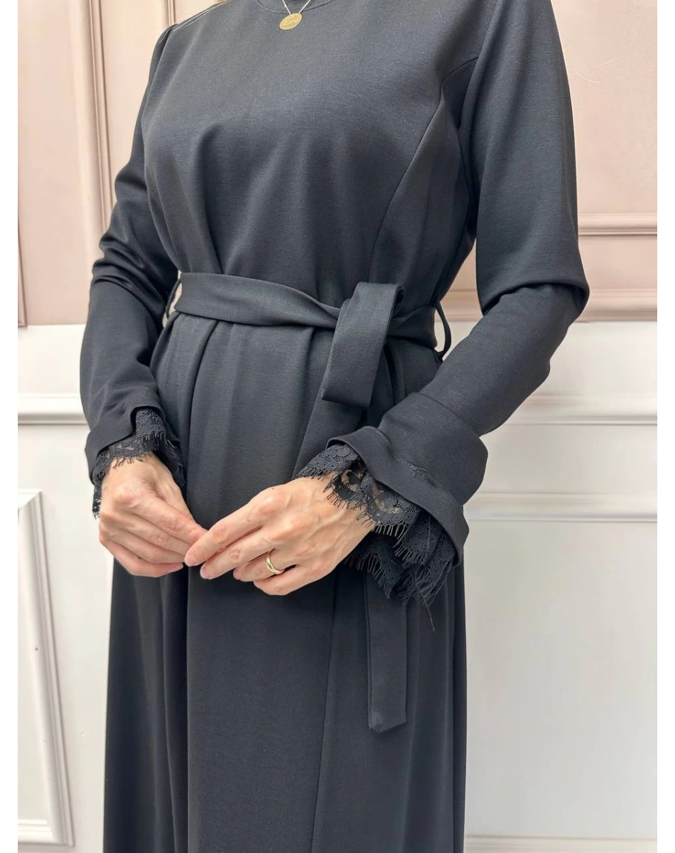 Misswhence 38823 Siyah Güpür Detaylı Elbise