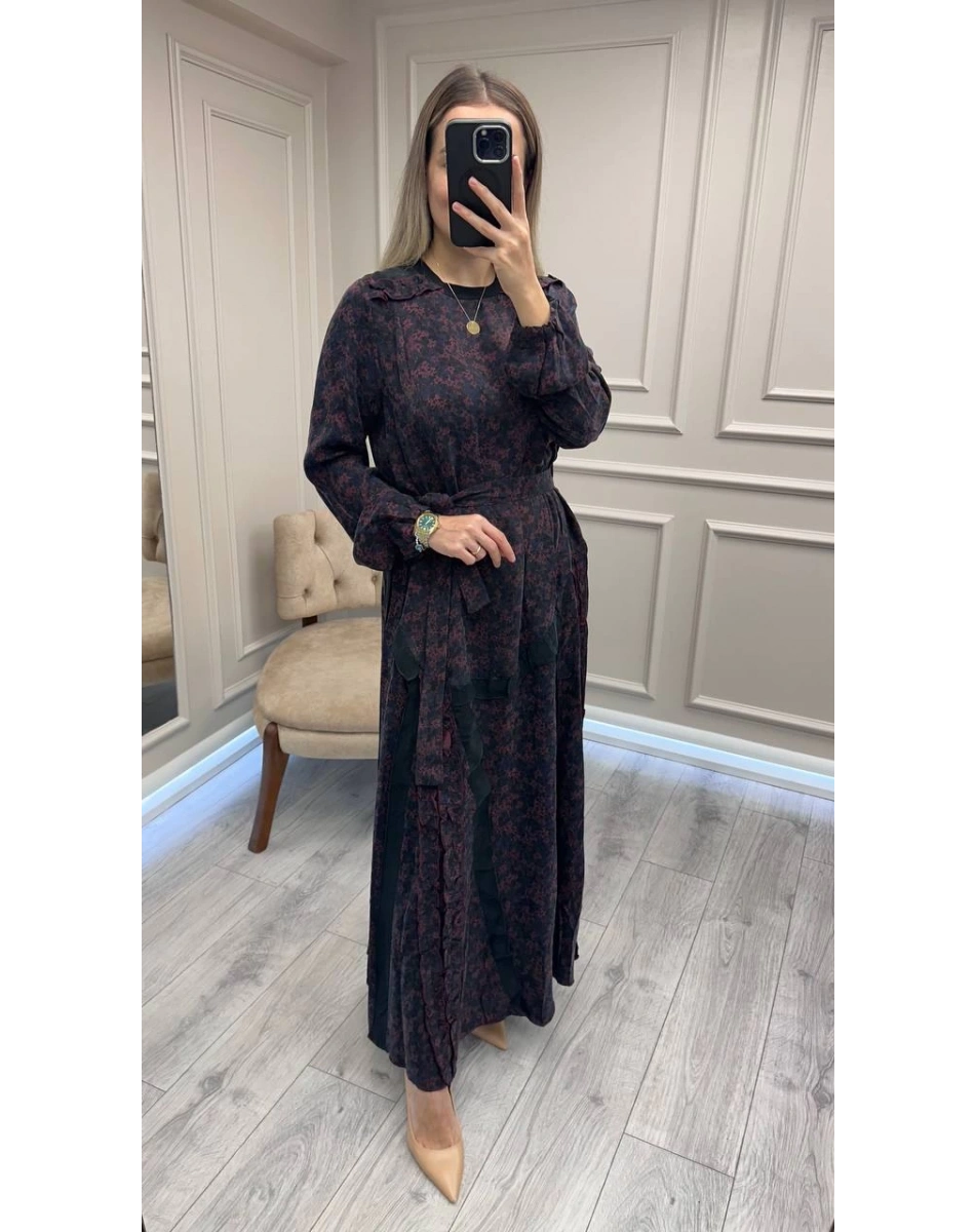 Misswhence 38829 Bordo Desenli Cupro Elbise