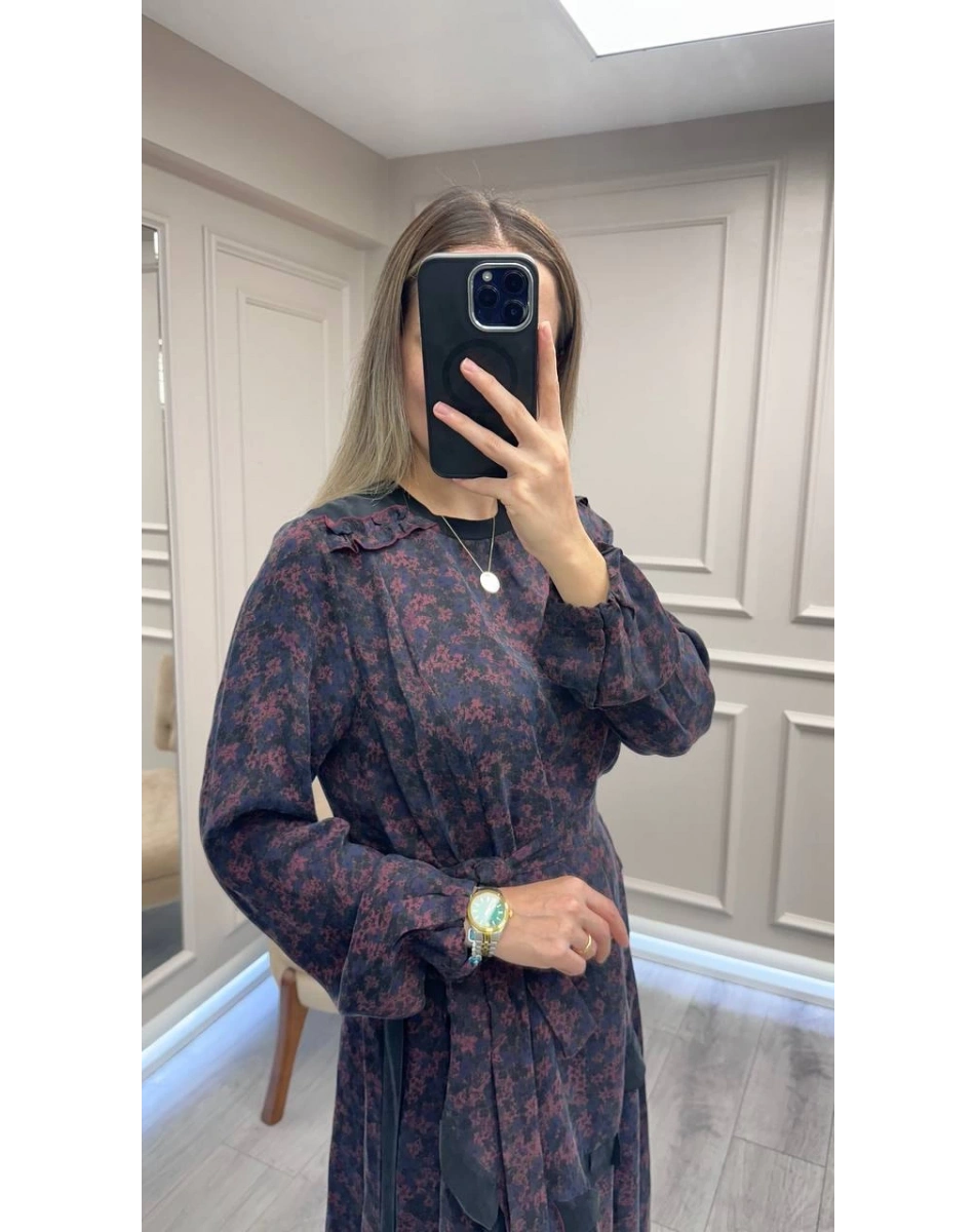 Misswhence 38829 Bordo Desenli Cupro Elbise