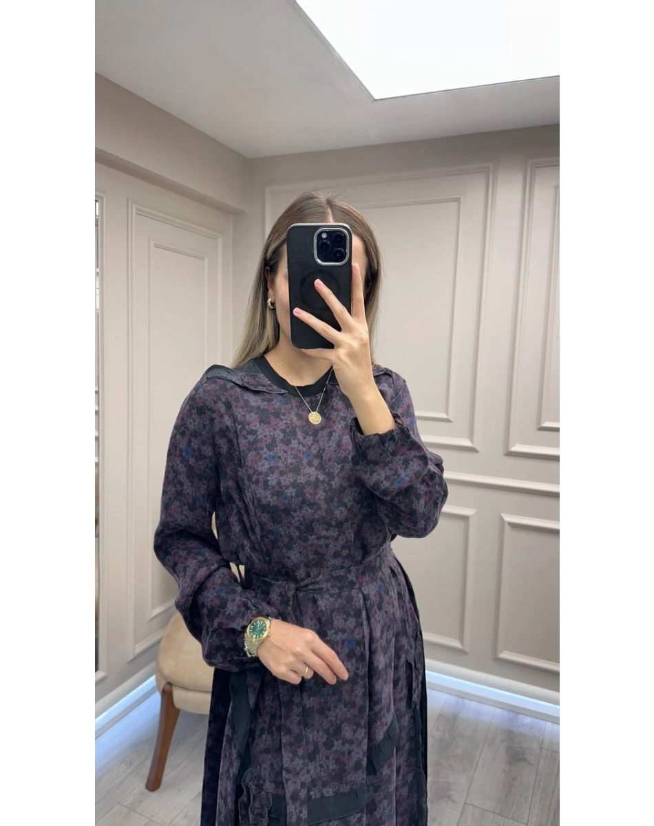 Misswhence 38829 Gri Desenli Cupro Elbise