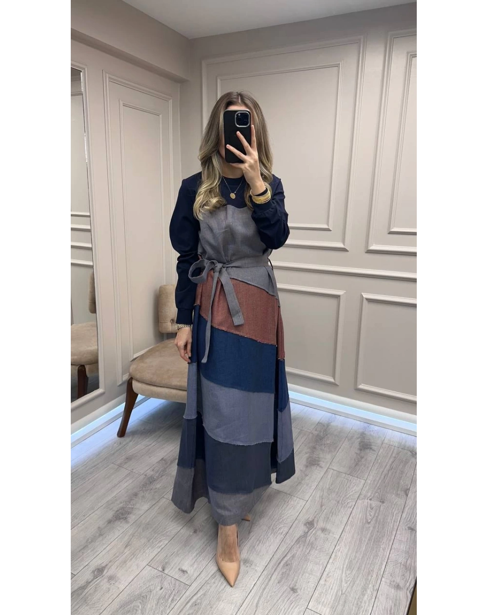 Misswhence 38832 Lacivert Patchwork Elbise