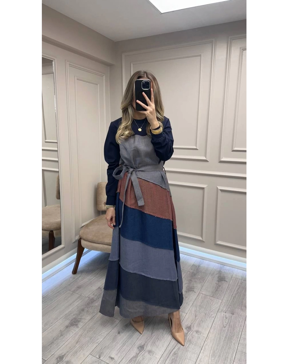 Misswhence 38832 Lacivert Patchwork Elbise