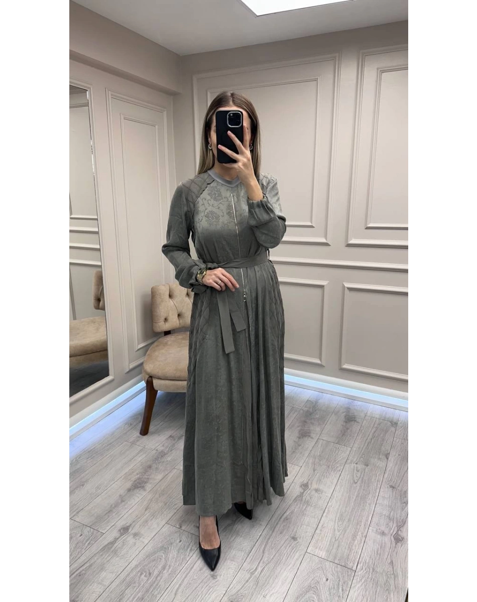 Misswhence 38835 Gri Fermuar Detaylı Cupro Elbise