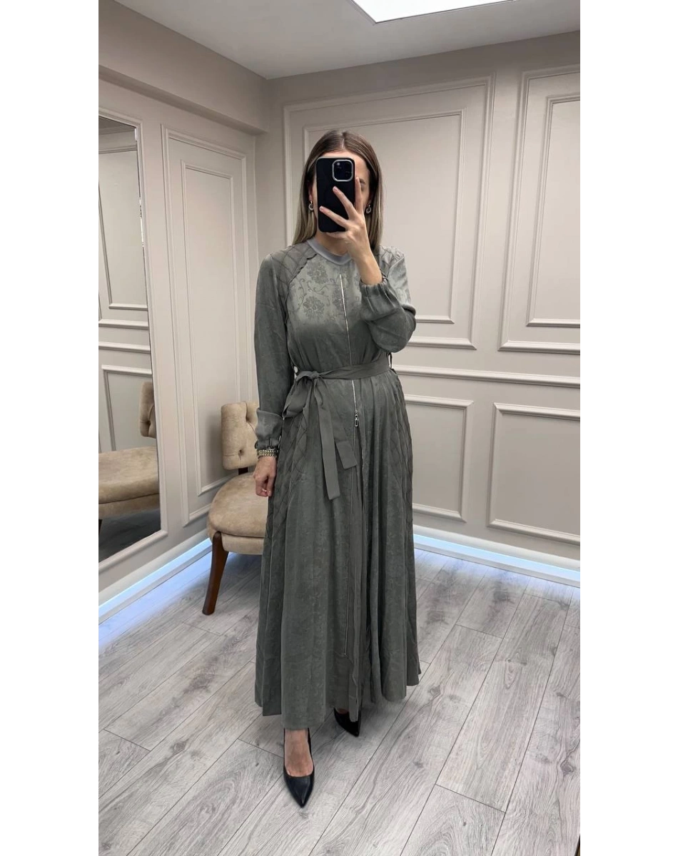 Misswhence 38835 Gri Fermuar Detaylı Cupro Elbise