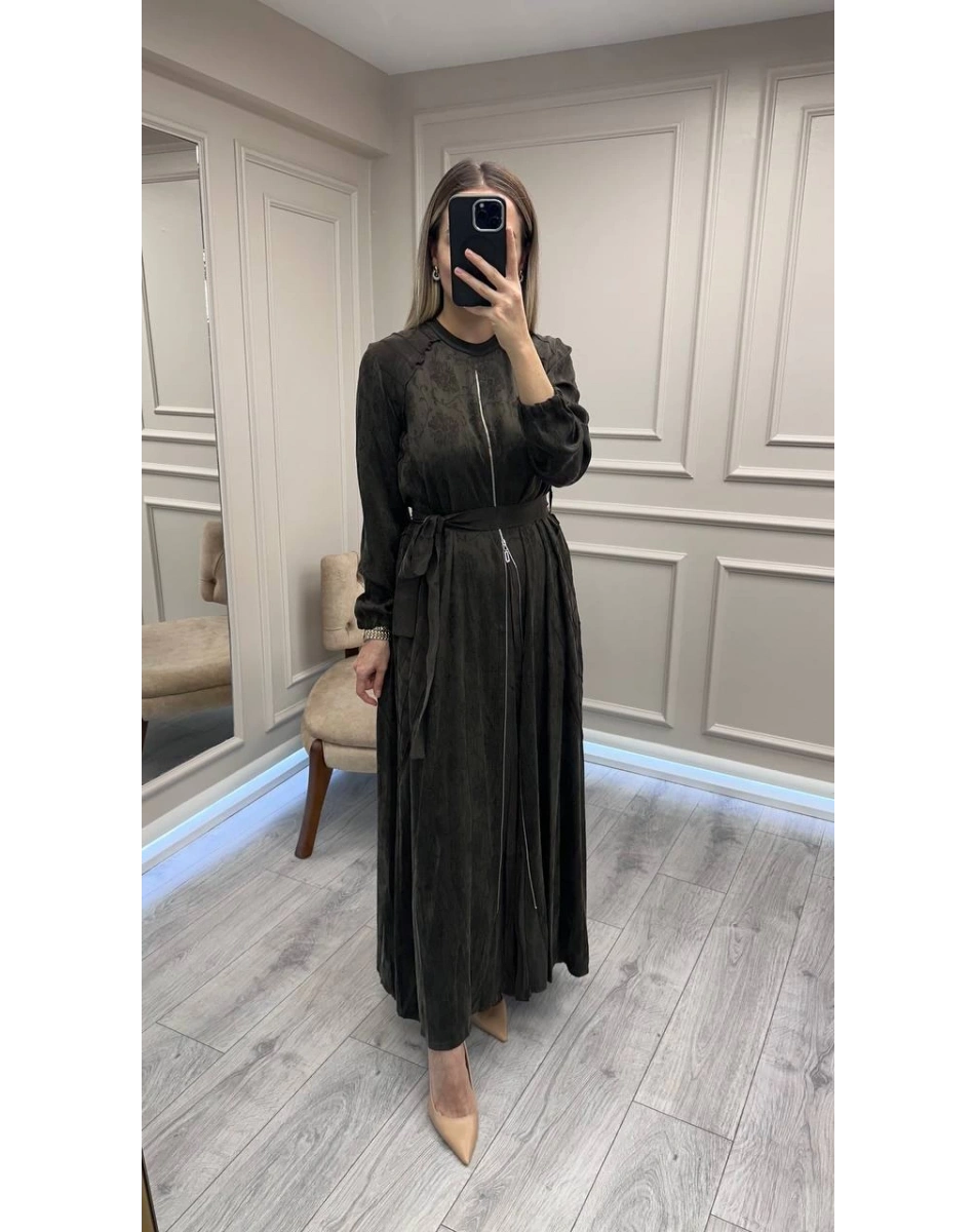 Misswhence 38835 Kahve Fermuar Detaylı Cupro Elbise
