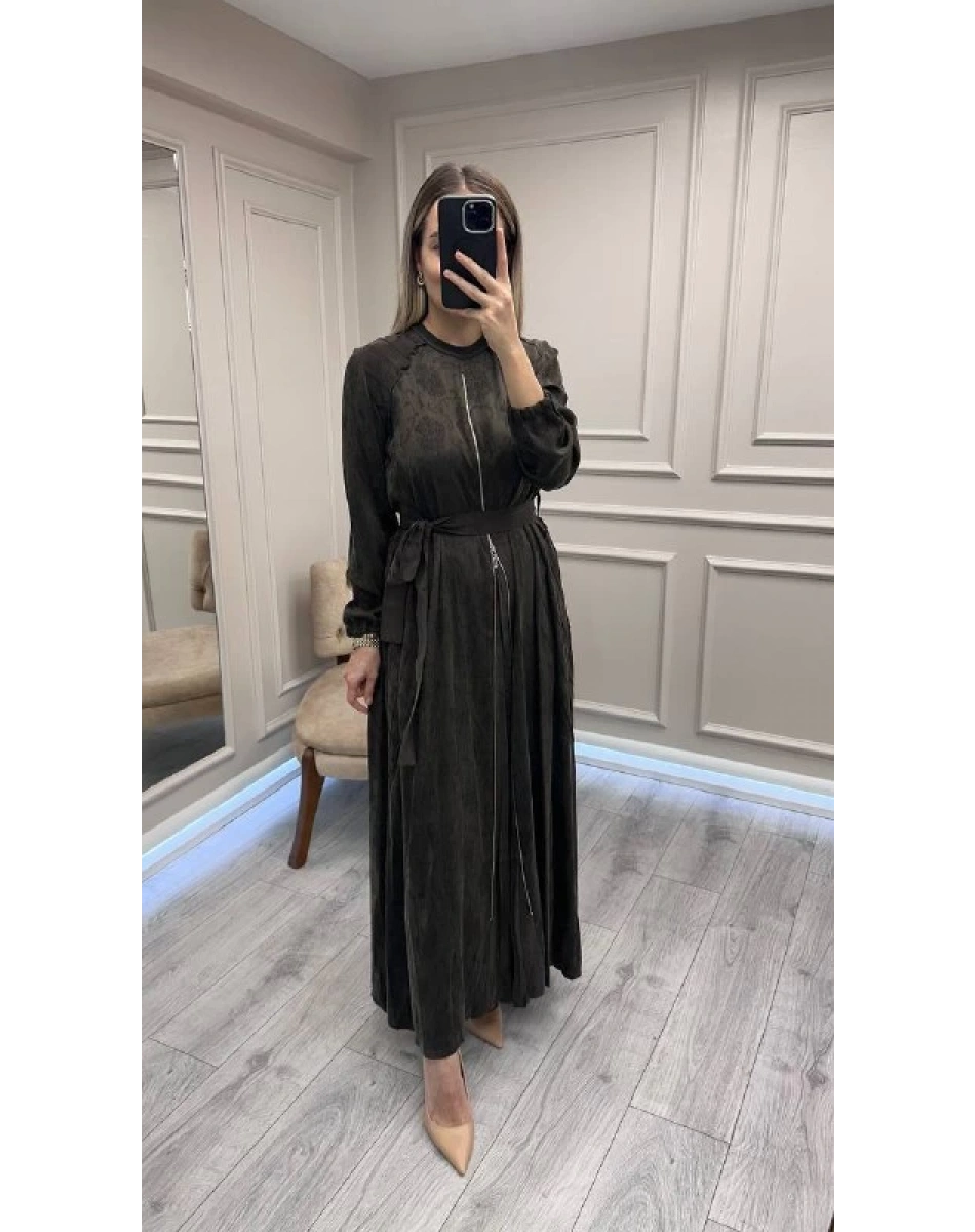 Misswhence 38835 Kahve Fermuar Detaylı Cupro Elbise