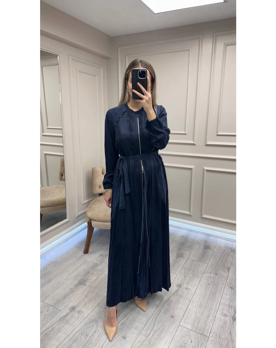 Misswhence 38835 Lacivert Fermuar Detaylı Cupro Elbise