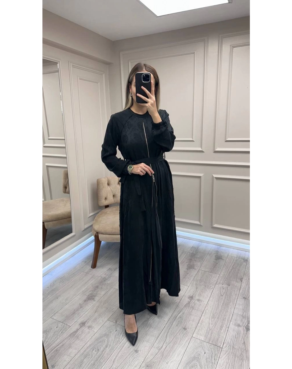 Misswhence 38835 Siyah Fermuar Detaylı Cupro Elbise