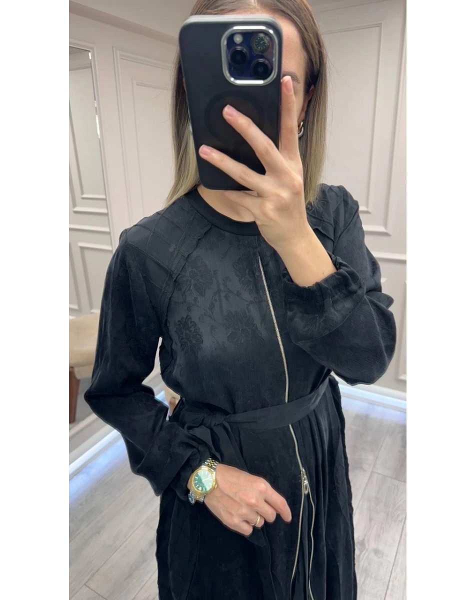 Misswhence 38835 Siyah Fermuar Detaylı Cupro Elbise