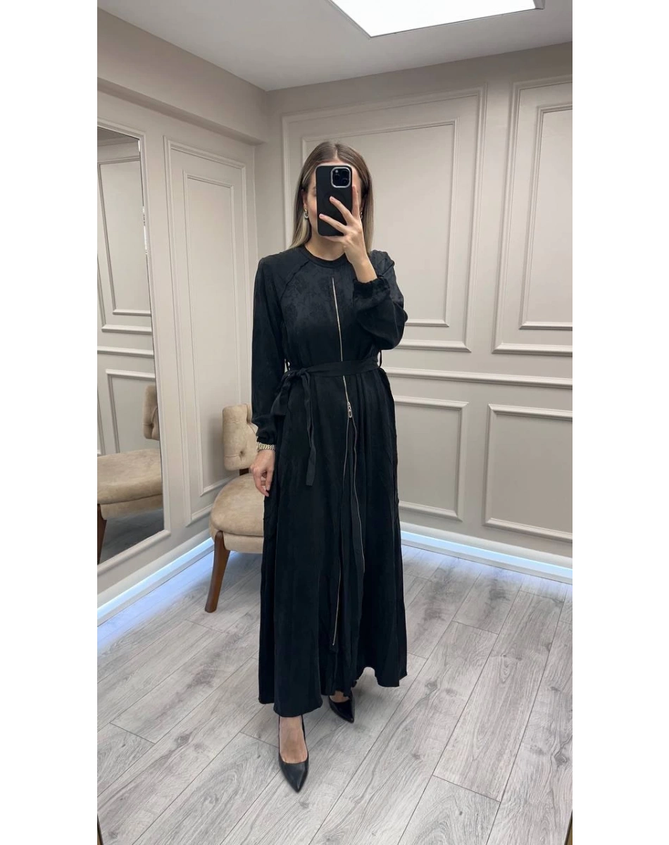 Misswhence 38835 Siyah Fermuar Detaylı Cupro Elbise