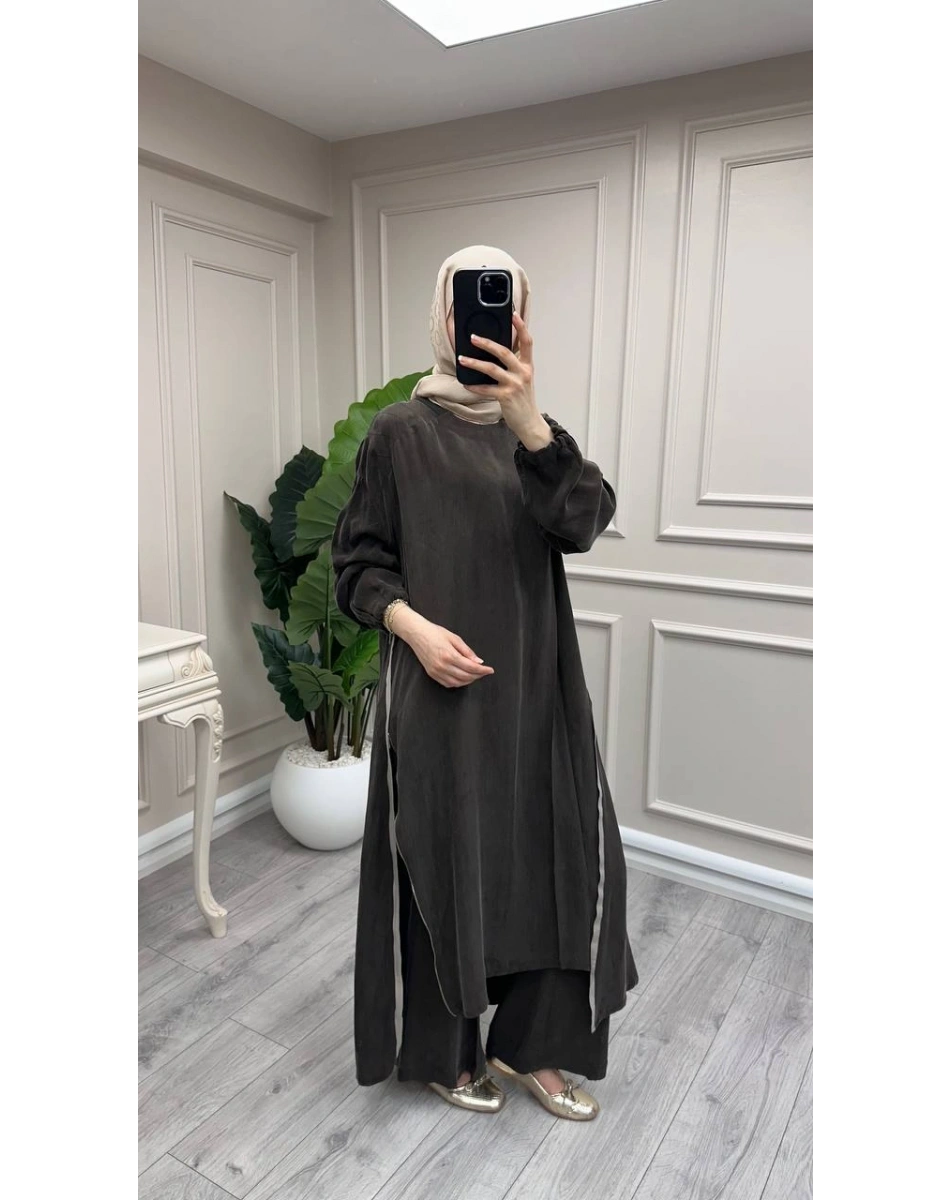 Misswhence 39031 Kahverengi Fermuar Detaylı Tunik