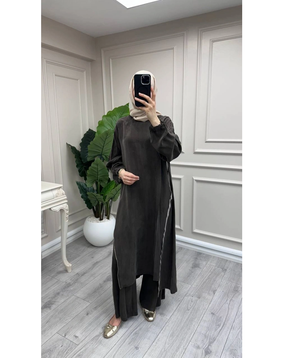 Misswhence 39031 Kahverengi Fermuar Detaylı Tunik
