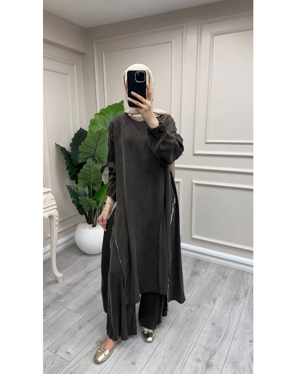 Misswhence 39031 Kahverengi Fermuar Detaylı Tunik