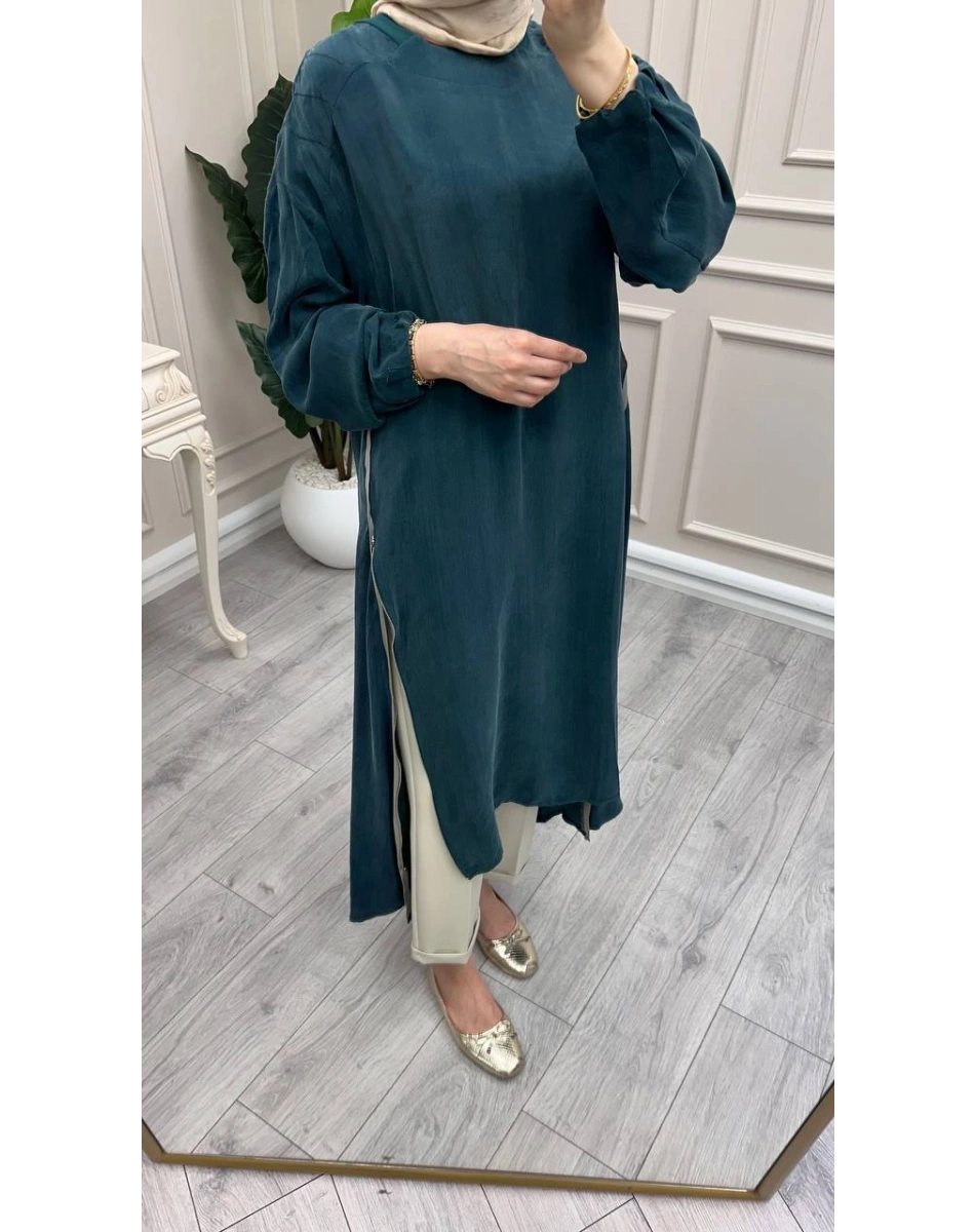 Misswhence 39031 Yeşil Fermuar Detaylı Tunik
