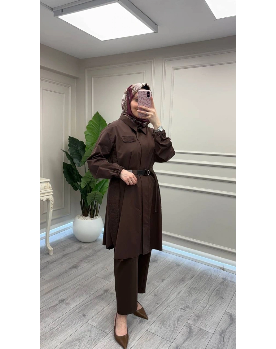 Misswhence 39305 Kahverengi Kemerli Tunik
